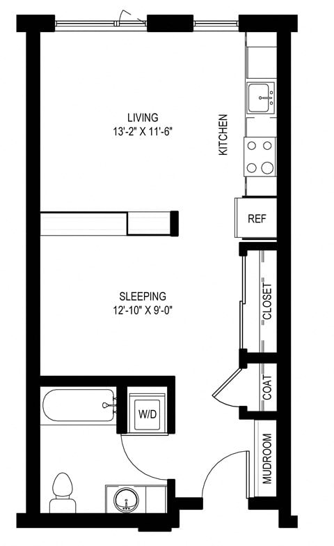 Floor plan for 1 bed, 1 bath, 504 sqft
